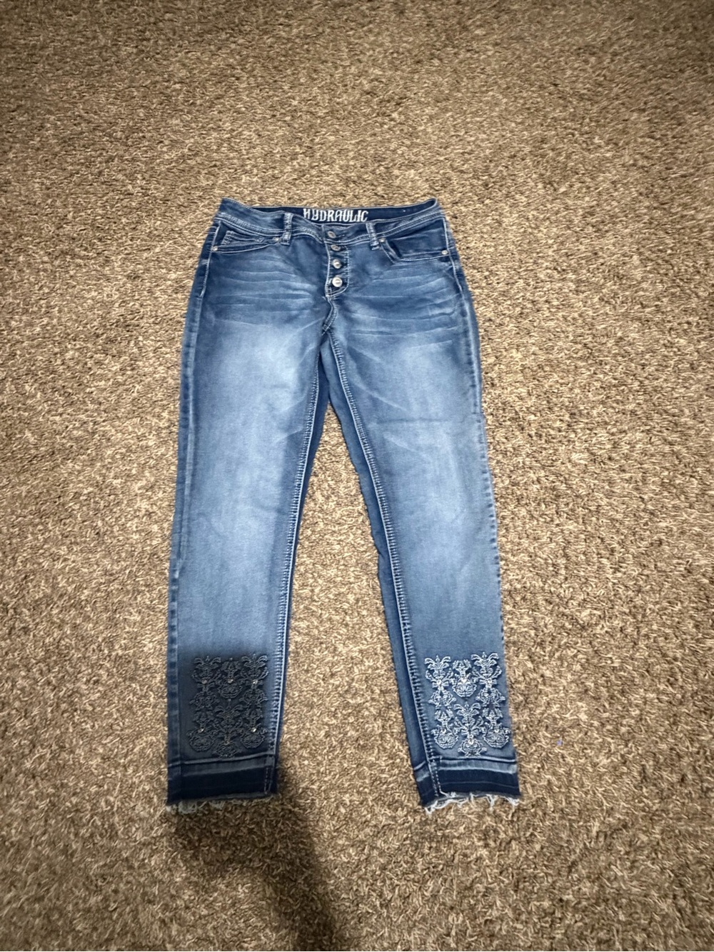 Hydraulic Blue Embroidered Ankle Crop Jeans